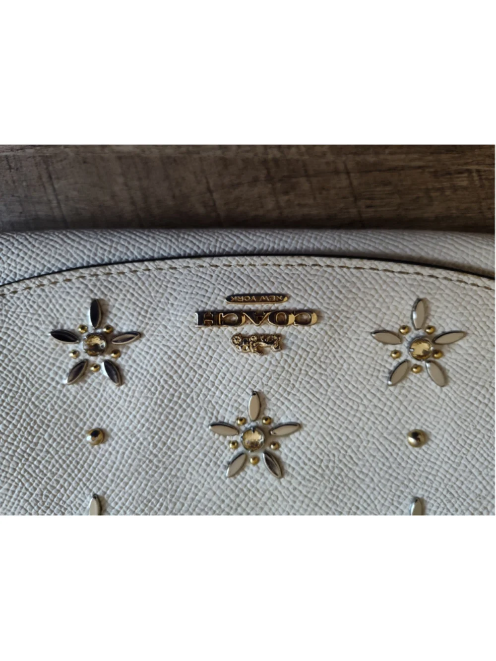 Women's Coach White Leather Wallet with Gold Studs and Floral Accents